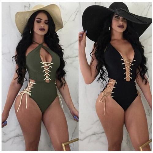 2018 One Piece Summer Bandage Swimsuit New Sexy Pure Color Bikini Push up Padded Bathing Suit Monokini Swimwear Beachwear