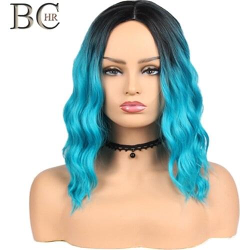 BCHR Short Blue Wavy Synthetic Wig for Women Dark Roots Middle Part Cosplay Wig