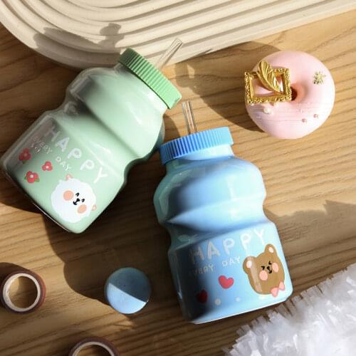 Water Bottle Traving 420ml Ceramics Drinking Bottle Yakult Shape With Straw Cute Kawaii Milk Drinkware Shaker Bottle Kids Girl