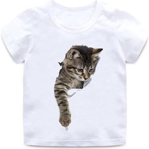 Childrens funny 3D cat T-shirt boy girl animal short-sleeved round neck cotton soft T-shirt quality white casual T-shirt