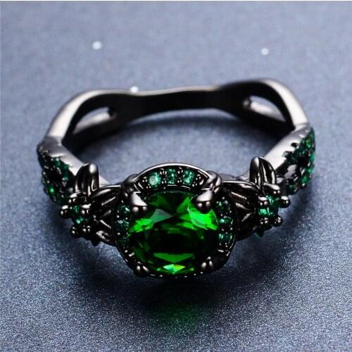 Luxury Female Green Round Stone Ring Charm 14KT Black Gold Wedding Rings For Women Promise Love Flower Engagement Ring