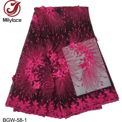 3D Applique African Lace Fabric 5 Yards Delicate Embroidery with String of Beads Tulle Lace Fabric for Wedding Dress BGW-58