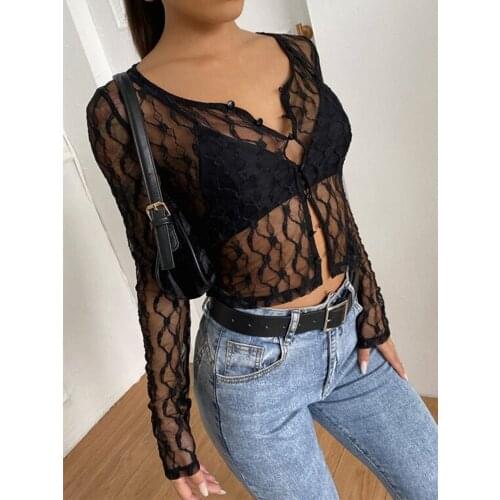 2021 New Long Sleeve Mesh Sheer Shirts Women Stripe Print Lapel Button Down Shirt See Through Sexy Crop Tops Blouses Female