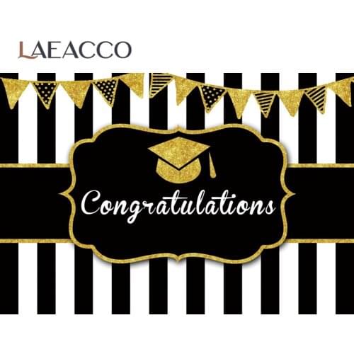 Laeacco Congratulations Graduation 2021 Of Class Party Backdrop Gold Flags Black White Stripes Photozone Photography Background