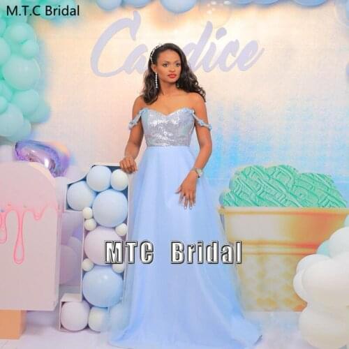 New Arrival Baby Blue Bridesmaid Dresses Long Wedding Party Gowns For Black Women Shiny Sequin Tulle Formal Occasion Dress