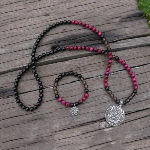 8mm Rose Tigers Eye And Onyx Beads Necklace, With Lotus Pendant Design JaPaMala, 108 Bead Mala, Mala Jewelry, Mala Prayer Beads