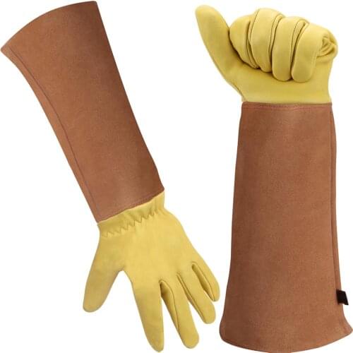Gardening Gloves for Women-Men Rose Pruning Thorn & Cut Proof Long Goatskin Leather Protection Gauntlet Work Garden Gloves
