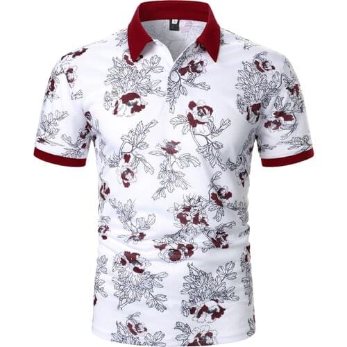 Mens Floral Polo Shirt Casual Button Short-sleeved Turn Down Collar Shirt Vintage Slim Fit Social Dress Polo Shirt Male Tops
