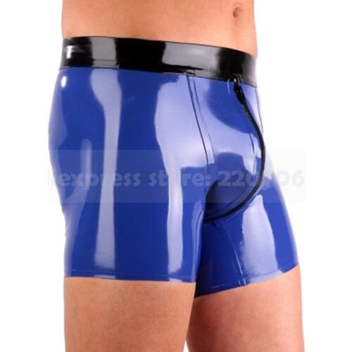 Sexy Latex Male Boxer Dark Blue and Black Trims Rubber Shorts with Crotch Zip UnderwearTailored Made RPM132