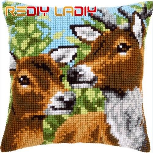 Cross Stitch Cushion Fawn Deer Make Your Own Pillow DIY Chunky Cross Stitch Kits Pre-Printed Canvas Acrylic Yarn Pillow Case