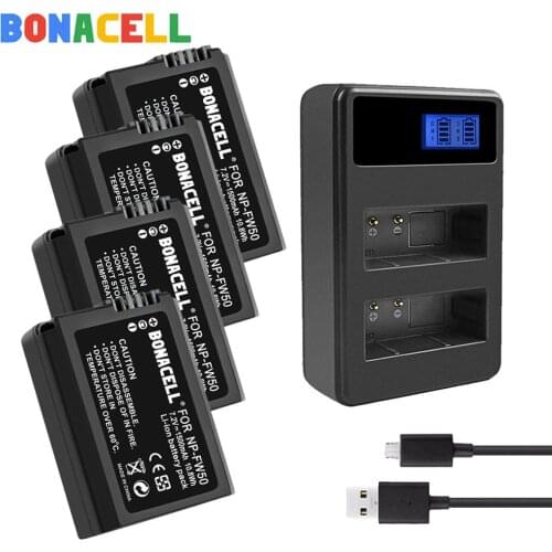 Bonacell NP-FW50 Battery + LCD USB Dual Charger For Sony Alpha A6500 A6300 A6000 A7r A7 NEX-3 NEX-3N NEX-5 Camera batteries