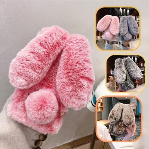 Rabbit Ears Fur Phone Case for Motorola Moto G8 Play Power Lite G 5G Plus One Hyper Macro Fusion E6S G Stylus Soft Fluffy Cover