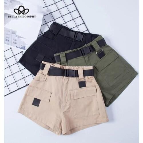 Bella Philosophy Elastic high waist shorts for women black summer belt shorts vintage sexy cotton biker pocket shorts feminino