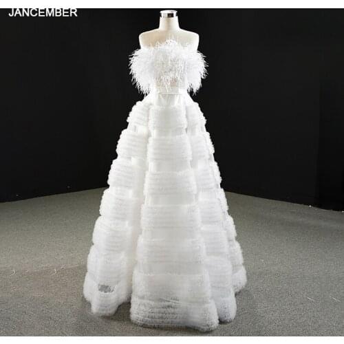 J67045 JANCEMBER White Prom Dress 2020 Strapless Lace Up Back Feather A-Line Beading Pleat Seeveless Vestidos Largos Robe Longue