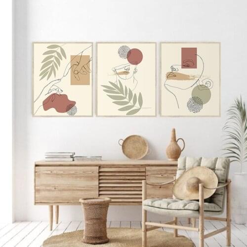 Abstract Face Line Drawing Leaves Wall Art Poster Canvas Painting Boho Pictures Nordic Modern Print for Living Room Home Decor
