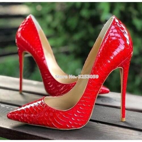 ALMUDENA Women Sexy Snakeskin Pointed Toe High Heel Shoes Red Black White Beige Python Pattern Wedding Shoes Shallow Pumps 12cm