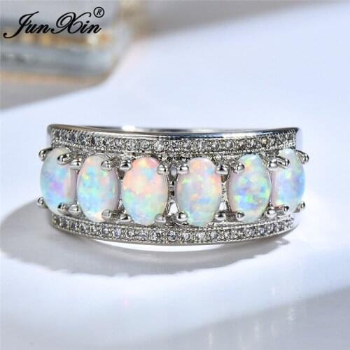 Boho Big White Fire Opal Stone Ring Vintage silver color Wedding Rings Promise Love Heart Engagement Rings For Women