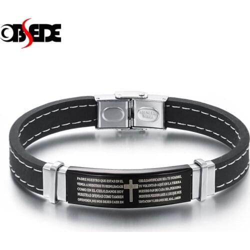 OBSEDE Punk Stainless Steel Leather Bracelet The Lords Prayer Bible Letter Cross Silicone For Men Gift