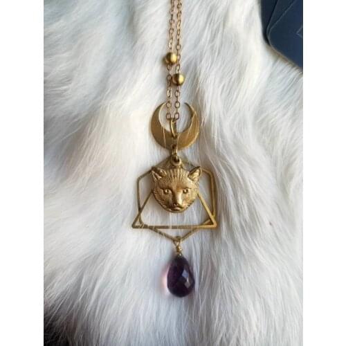 Handmade Goth Gothic Witchy Amethyst cat and moon necklace