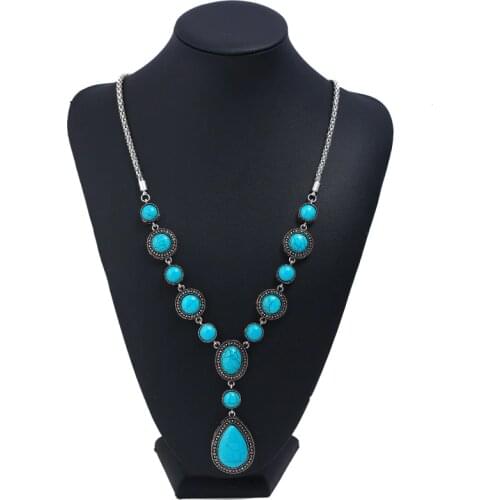 JAVRICK Blue Tibetan Alloy Waterdrop Pendant Round Beads Necklace For Anniversary/Engagement/Gift/Party/Wedding Jewel