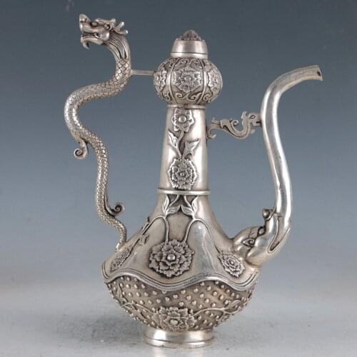 China old antiques Copper Silvering MING XUANDE Dragon &Phoenix Teapot