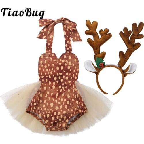 TiaoBug Baby Girls Christmas Elk Costume Sleeveless Halter Romper Dress with Hair Hoop Children Toddlers Xmas Party Dress Up