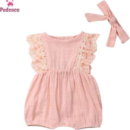 Pudcoco 2020 Summer Toddler Baby Girl Clothes Sets Lace Romper Jumpsuit + Pink Headband 2pcs Outfits Cotton Clothing 6-24M