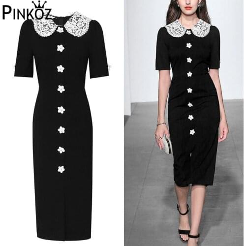 Pinkoz Runway Designer Peter Pearl Button Split Bodycon Dress Autumn Winter Vintage Short Sleeve Lace Lapel Collar Midi Party