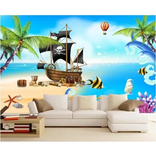 Custom mural wallpaper 3d Cartoon pirate ship beach coconut tree landscape home decor photo Wallpaper in the living room