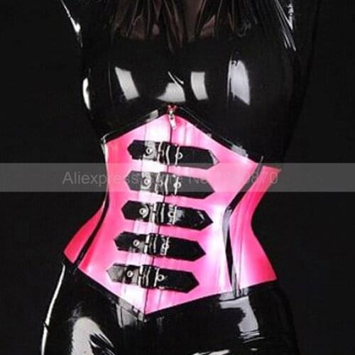 1mm Latex Pink and Black Corset Suit Catsuit with Back Ties Latex Clothes S-LCC012
