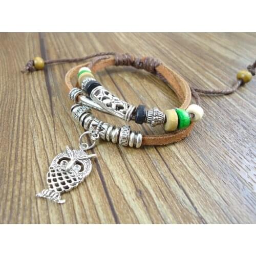 New products handmade bohemian cute owl charms wood beads vintage rope wrap woven mens leather bracelets bangles women