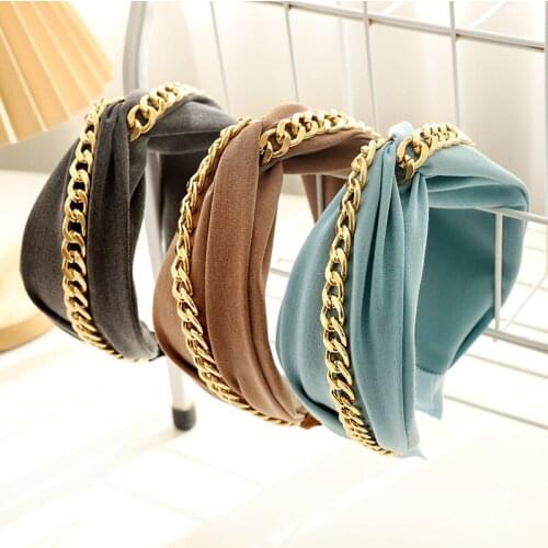 Korean New Product Clip-side Hairband Fashion Solid Color Middle Knotted Headband Chain Headwear Women Hair Accessories