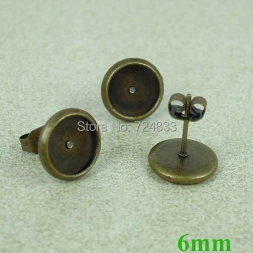 6mm Bronze tone Blank Earrings Bases Round Bezel Stud Pin Earrings Post w/ Stopper Earring Crafts Settings Findings Wholesale