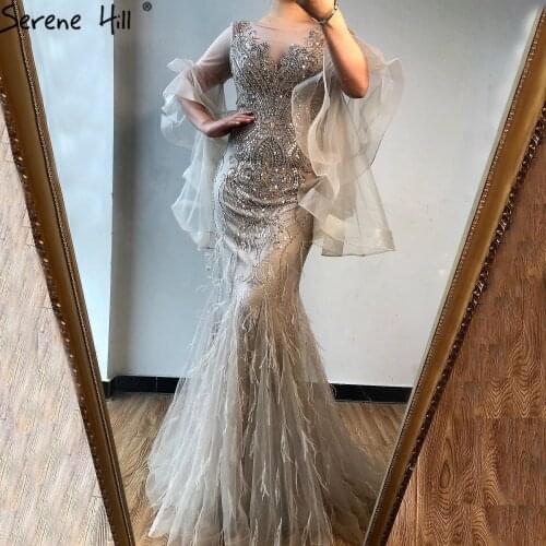 Serene Hill Gold Petal Long Sleeve Mermaid Evening Dress 2020 Luxury Sparkle Sequins Beading Sexy Formal Party Gown CLA70410