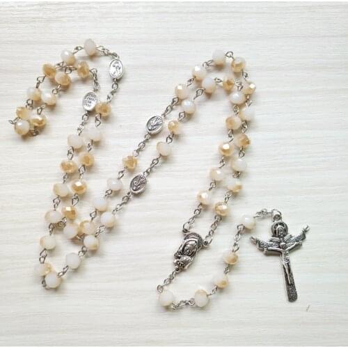 QIGO Vintage Jesus Cross Crystal Rosary Necklace For Men Women Catholic Prayer Jewelry