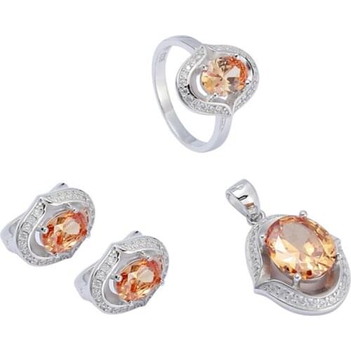 Eulonvan Charms Luxury 925 sterling silver women Wedding jewelry sets (ring/earring/pendant) champagne Cubic Zirconia S-3722set