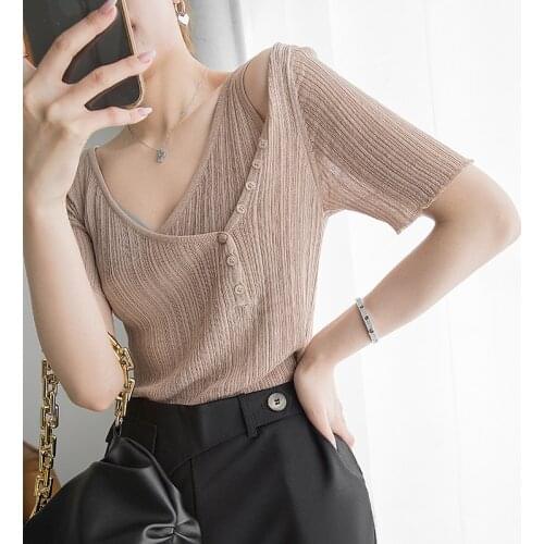 Johnature fashion casual knitting off shoulder women tops 2021 summer new v-neck loose irregular sexy T-Shirts
