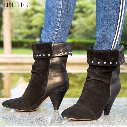Women`s casual winter High-heeled boots Woman autumn suede fringe ankle punk boots fashion genuine leather shoes cowboy boots