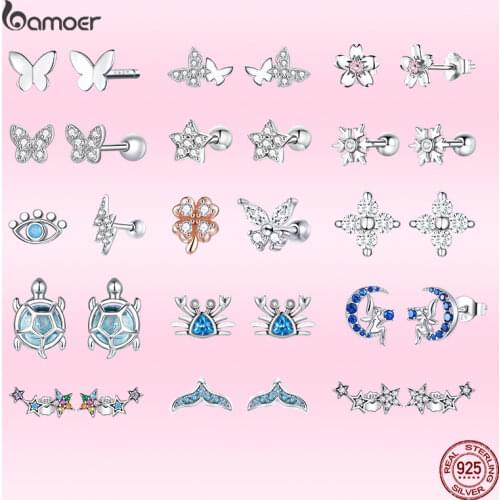 Bamoer 925 Sterling Silver Trend Jewelry Butterfly Animal Flower Stud Earrings for Women Exquisite Party Earrings for Girl