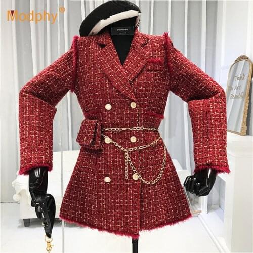 2021 New Gold thread Plaid blazer Coat Women Notched Double breasted Feather Tassel Trim Slim Tweed Jacket With Free Belt bag