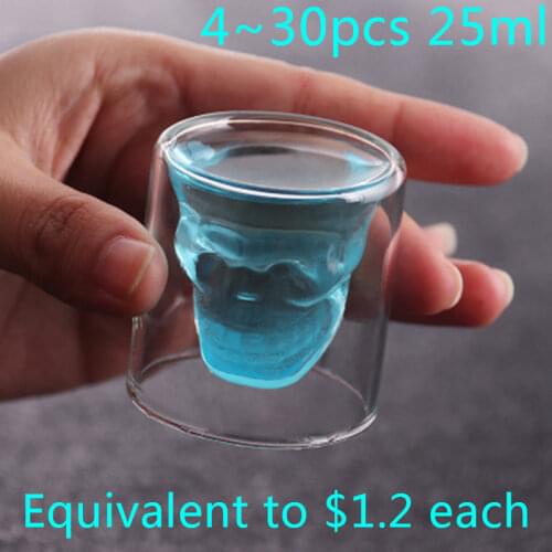 25ML Transparent Skull Cup 16pcs Double Glass Beer Whiskey Vodka Wine Water Champagne Cocktail Wine Glass Coffee Milk Mug set
