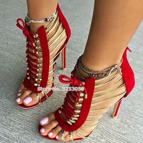 ALMUDENA Women Red Black Suede Gold Metallic Strappy Sandals Sexy Lace-up Hollow Out Cage Shoes Stiletto Heels Dress Pumps