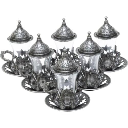 Bazaar Gift Guest İkran Service For 6 Personality Ottoman Motif Kösem Sultan Tea Presentation Set-Pewter Outdoor Black Color