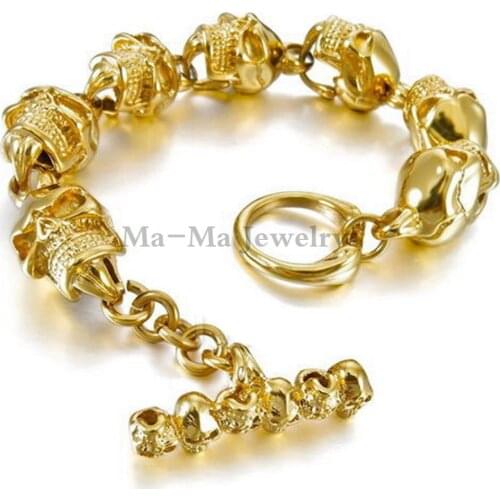 Gold Tone Stainless Steel Bracelet Mens Bangle Skull Chain Bracelet