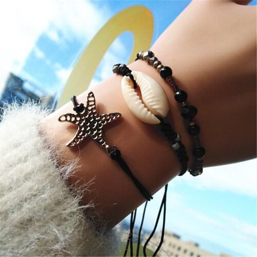Starfish Bowknot Girl Shell Black Crystal Anklets Fashion Summer Beach Bow Jewelry Charm Bracelets For Women Female Jewelry Gift