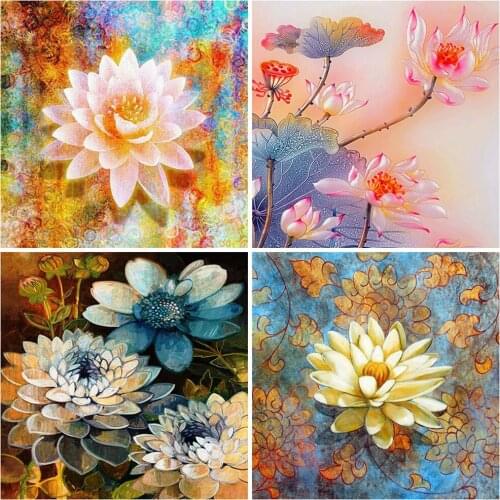 KAMY YI Flowers Golden Lotus Diamond Painting Landscape Cross Stitch Full Diamond Embroidered Mosaic 5D Diy Home Decoration