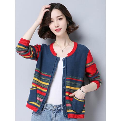 2020 Fashionable Womens Knitted Striped Cardigan Ms. Cardigan Jacket Autumn/Winter Sweater Womens Round Neck Casual Commute