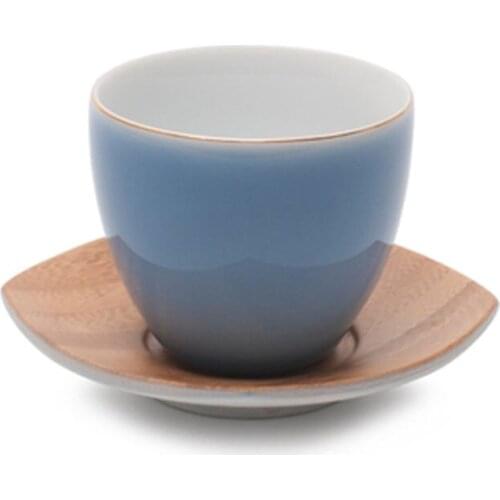 Golden Edge Handmade Ceramic Tea Cups with Bamboo Cup Saucer