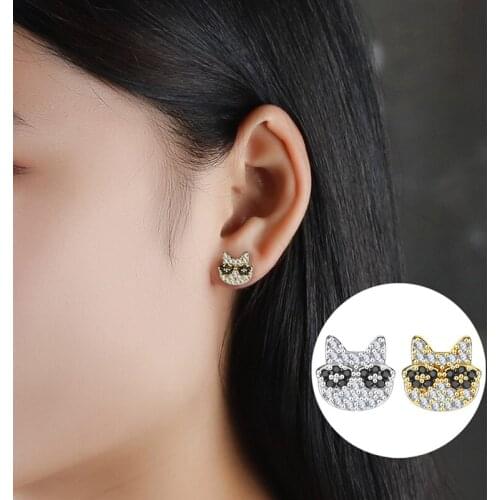 1pair Copper Cat Stud Earrings Tragus Ear Piercing Push-back Crystal Earring Fashion Accessories Gift for Women Girls Jewelry