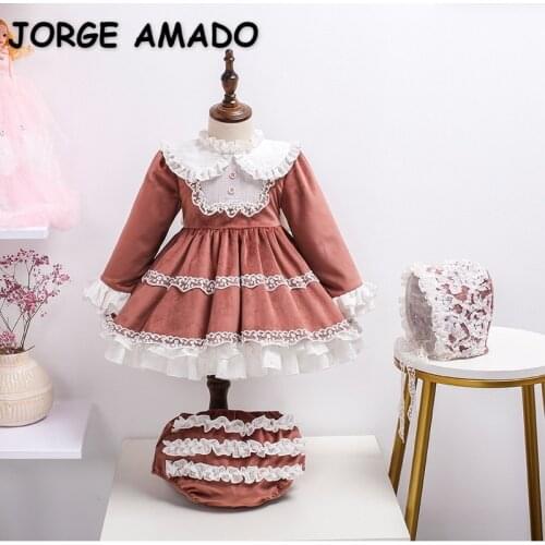 2021 Lolita Style New Autumn Kids Girls Party Dresses Bean Paste Color Peter Pan Collar Princess Dress Children Clothes E6027